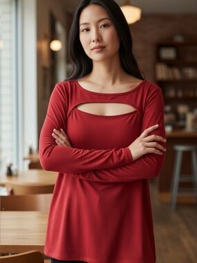 White House Black Market red peekaboo top with long sleeves. Size Medium